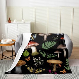 Feelyou Cute Mushroom Decor Plush Throw Blanket, 40"x50" Kids Cartoon Mushrooms Flannel Fleece Blanket for Boys Teens Black Fungus,Bed Blanket Breathable Wild Mushroom Stuff Room Decor Quilt Cover