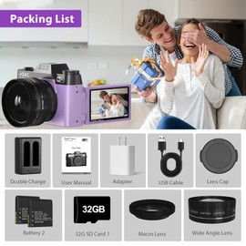 4K Digital Camera for Photography & Vlogging, 56MP YouTube Camera with WiFi, 3" 180° Flip Screen, 16X Digital Zoom, 52mm Wide Angle & Macro Lens, 32GB TF Card, 2 Batteries – Purple