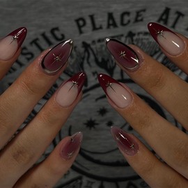 24pcs Medium Almond False Nails French Tip Press on Nails Burgundy Ombre Stick on Nail with 3D Star Design Removable Glue on Acrylic Fake Nail Tips Accessories for Women Girls