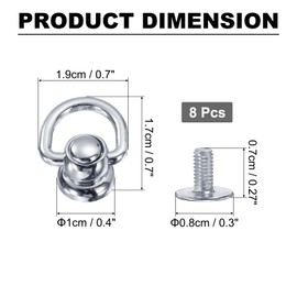 sourcing map Metal Ball Studs Rivets D Ring, 8 Pcs Ball Post Head Buttons 360 Rotatable Studs Rivets with Screw for Purse Chain Connector DIY Art Leather Crafts (Silver)