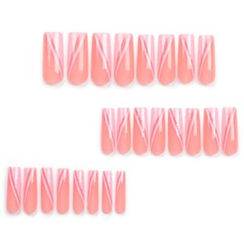 Pink Press on Nails Long Square BAOYAALIN, Cute Fake Nails with Glitter Design Gel Glue on Nails for Women Girls Full Cover Acrylic Artificial False Stick on Nail for Wedding 24Pcs in 12 Sizes