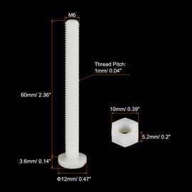 sourcing map 20 Pairs Nylon Screw Nut Assortment, M6x60mm Slotted Pan Head Screws & M6 Hex Nuts for Machinery, Electronics, White