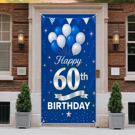 IVN 60th Birthday Door Cover 71x35 Inch Blue Silver Banner with Balloons Stars and Streamers for Party Decorations Backdrop Sign for Boys Girls Photo Booth Prop Wall Decor