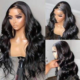 Fugady Natural Black Lace Front Wig Body Wave Wig Synthetic Wigs for Black Women Synthetic Lace Front Wigs Pre Plucked with Baby Hair Heat Resistant Wig（Synthetic | 13 * 4 Lace front | 24 Inches