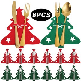 Dorischen 8 Piece Christmas Tree Piece Utensil Holder-Christmas Tree Shaped Christmas Utensil Holder Christmas Silverware Holder Winter Christmas Party Utensil Holder（Red,Green)