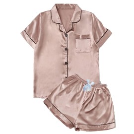 Adleodro Womens Silk Satin Pajamas Short Sleeve Loungewear Two-Piece Sleepwear Button-Down Bow tie decor Pj Set Champagne