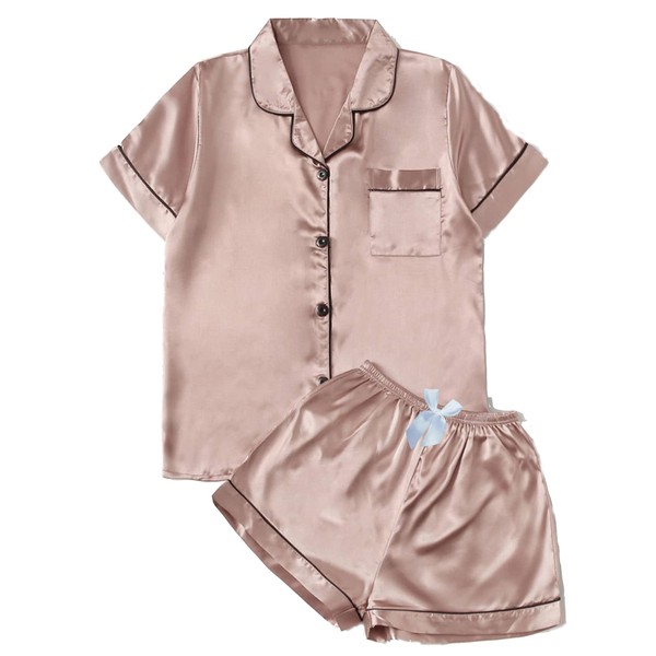 Adleodro Womens Silk Satin Pajamas Short Sleeve Loungewear Two-Piece Sleepwear