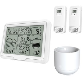 Miraval Design Wireless Weather Station with 2 Namable Sensors + Rain Gauge Moon Phase Display Humidity Temperature Display Alarm (White)