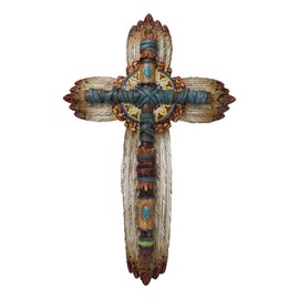 Ebros Gift Rustic Southwestern Tribal Indian Feathers With Colorful Turquoise Rocks And Navajo Vector Symbols Wall Cross Decor Plaque Figurine Inspirational