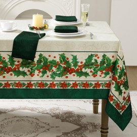 Romanstile Christmas Jacquard Rectangle Tablecloth, Winter Waterproof Vintage Damask Table Cloth, Holly and Poinsettia Washable Fabric Table Cover for Party, Dining, Holiday Decor, 60 x 84 Inch