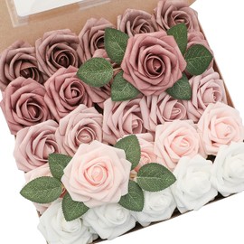 Floroom - 25 rosas artificiales de espuma, rosa polvoriento degradado, de aspecto real con tallos para hacer ramos de boda, centros de mesa, arreglos florales, mesas de fiesta, decoración del hogar