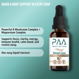 Project Anti-Aging Shroom Sane Liquid Drops with Lion’s Mane Mushroom Supplement Drops – 8 Mushroom Complex Tincture with Reishi, Cordyceps, Turkey Tail & Magnesium – USDA Organic, Vegan,