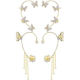 RIJXU 2 Pairs Dainty Silver Butterfly Ear Cuffs & Wraps for Women Non Piercing Bling Butterfly Tassel Style Zircon Earrings Ear Clips Bridal Wedding Jewelry (Gold)