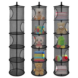 3Pcs Stuffed Animal Storage Foldable Stuffed Animal Net or Hammock Organizer, 5 Compartments Hanging Mesh Toy Storage Hammock for Kid Room Toys, Gloves, Hats, Socks（Black）