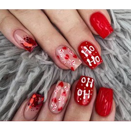 Hamefen Press On Nails, Nail glue included, Red, Short Squoval Shape, Includes 24 Nails, 1g glue, 1 Manicure Stick, 1 Mini File, Adhesive Tabs(24 Pcs Jelly Glue Stickers)