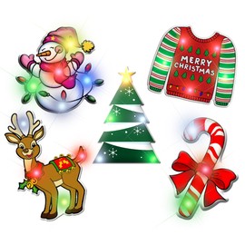 FlashingBlinkyLights Assorted Christmas Light Up LED Lapel Pins (Set of 5) Snowman, Sweater, Christmas Tree, Reindeer, Candy Cane