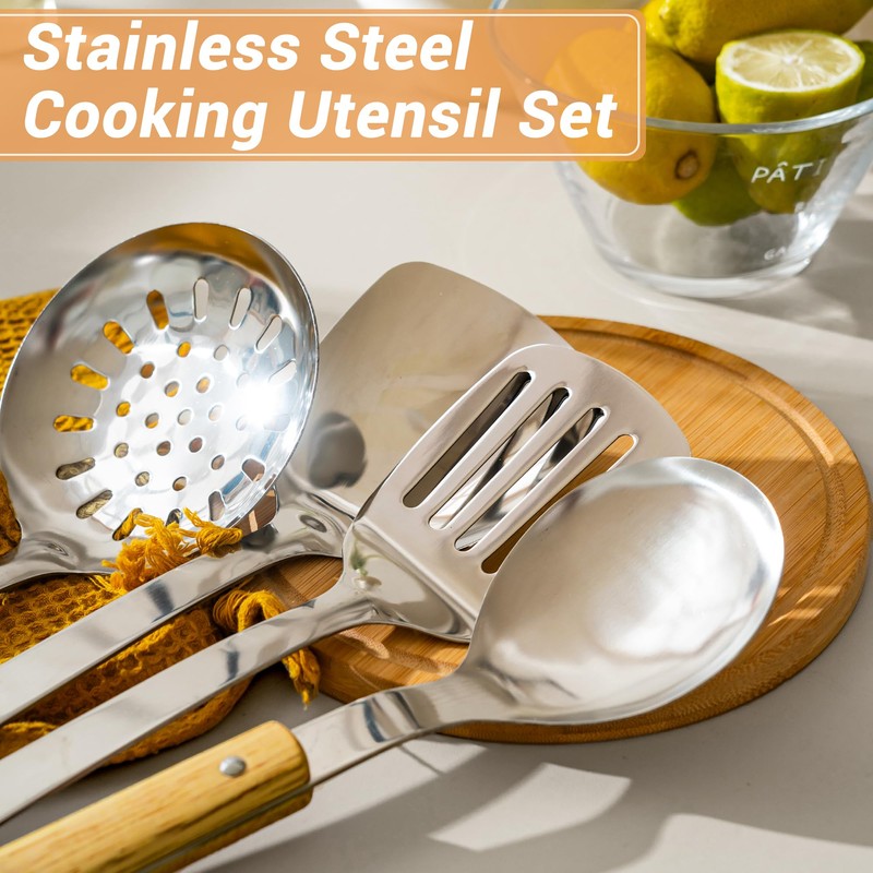 FJNATINH Cooking Utensils Set with Wood Handle, 9 Pieces Wok