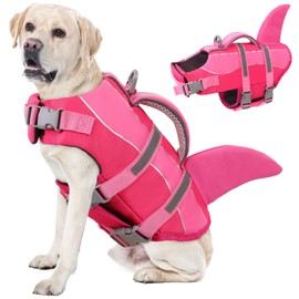 SUNFURA Dog Life Jacket - Shark Dog Life Vest for Swimming Boating, Reflective Lifejacket with High Buoyancy and Rescue Handle, Adjustable Lifesaver for Small Medium Large Breeds, Pink M