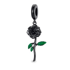 GNOCE Flower Pendant Charm 925 Sterling Silver Dangle Charm Inlaid with Crystal Oval Cut Zircon Colorful Gemstones Multicolor Enamel Fit Bracelet/Necklace for Women Girls Wife Daughter (Black Rose)