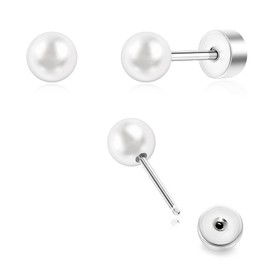 Toddler Earrings for Girls Push-in Titanium Hypoallergenic Threadless Flat Back Earrings for Women Sensitive Ears Cartilage Cute Small Pearl Star Flower Heart Pink Cubic Zirconia Studs (Pearl)