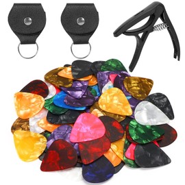 60pcs Púas para Guitarra, Accesorios para Guitarra, con Cejilla y 2 Fundas de Piel Sintética, Material de Celuloide Duradero.