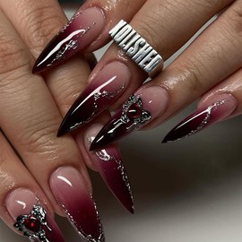 Long Stiletto Press on Nails Red Smokey Fake Nails Valentine's Day Nails Press ons with Heart Nail Charms Design Ombre Acrylic Nails Full Cover Glue on Nails Stick on Nails for Women Manicure 24 Pcs