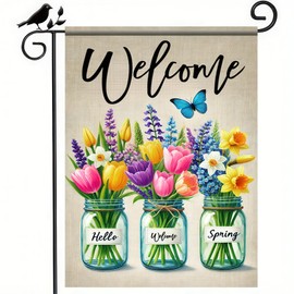 BlissYard Hello Spring Garden Flag 12x18 Inch Double Sided Welcome Spring Garden Flag Tulips Butterfly Garden Decoration Rustic Outdoor Spring Decorative Spring Seasonal Yard Flags