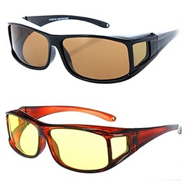"The Night Driver" 2 Pair Polarized Yellow Anti Glare Driving Lens Fit Over Sunglasses (Day/Night - Brown)