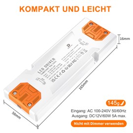 DUSKTEC LED Transformer 12 V Flat LED Power Supply 5 A 60 W, LED Driver Transformer 230 V to 12 V DC Current, LED Driver Constant Voltage Power Supply without Minimum Load for Low Voltage LED Lighting