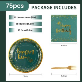 75PCS Happy Birthday Paper Plates Set, Dark Green Gold Crown 7IN Party Plates 6.5Inch Napkins 6.3 Inch Plastic Fork Tableware Dessert Plate Guests for Birthday Party Decoration-Serve 25