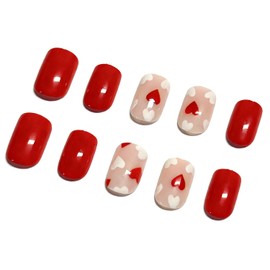 Valentine's Day Press on Nails Short Square False Nail with Heart Design Red Artificial Acrylic Fake Nails Full Cover Reusable Nude Glue on Nail for Women Manicure DIY 24 PCS