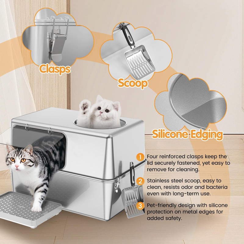 Aothey Stainless Steel Litter Box with Lid, Enclosed Metal with