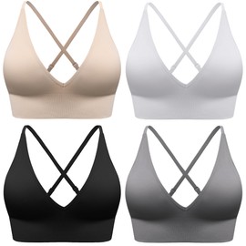 Evercute Women's Sports Bras Adjustable Deep V Neck Bras Wireless Spaghetti Strap Criss Cross Padded Seamless Low Support Sexy Everyday Bras, Medium, Black White Gray Flesh 4 Pack