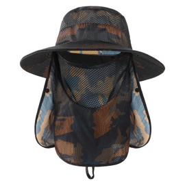 XGOPTS Camo Mesh Sun Hat for Men UPF 50+ Wide Brim Fishing Hat with Detachable Face Neck Flap Outdoor Sun Protection Quick Dry Sports Visor Adjustable Bucket Cap for Fishing Camping Hiking Travel