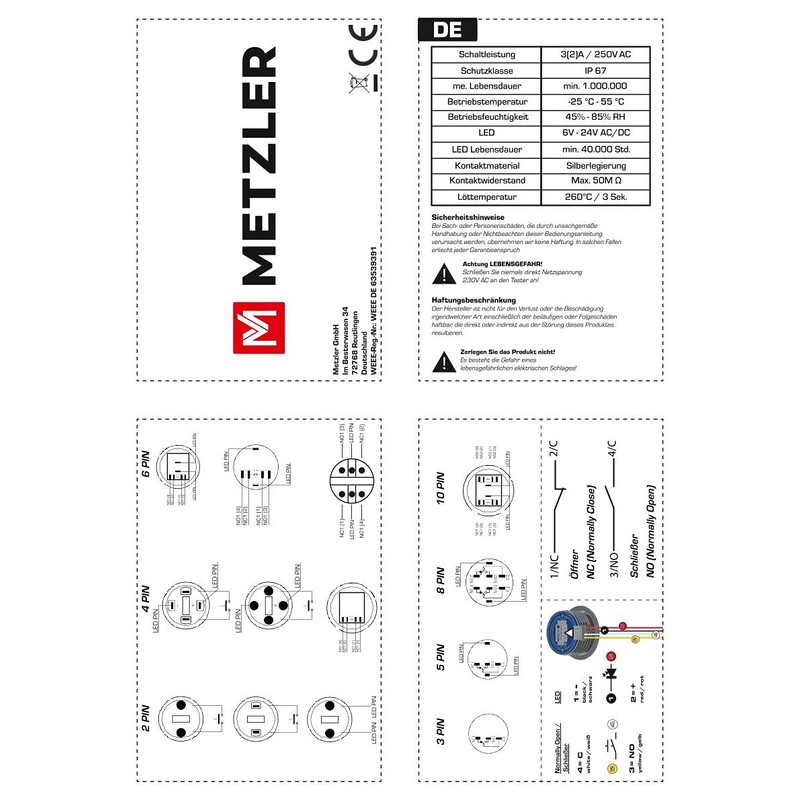 Metzler Ultra-Flat Stainless Steel Push Button, Rust-Proof IP67, Installation Diameter