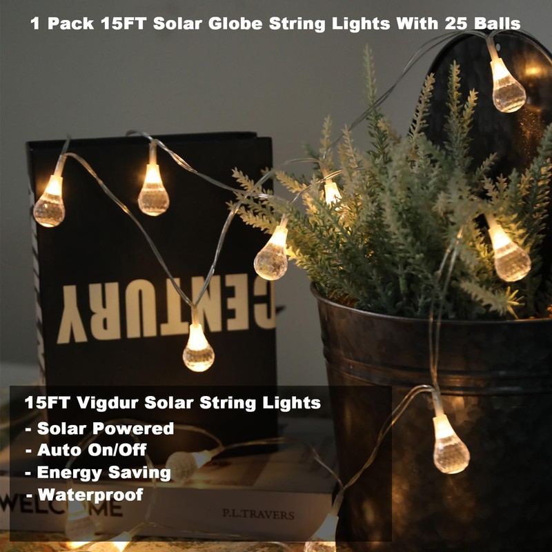 Vigdur Solar String Lights Outdoor, 15ft Globe String Lights with