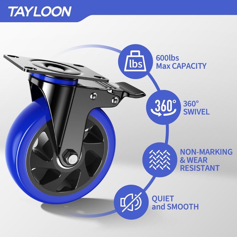 5 Inch Heavy Duty Caster Wheels 2200lbs, Swivel Casters Set