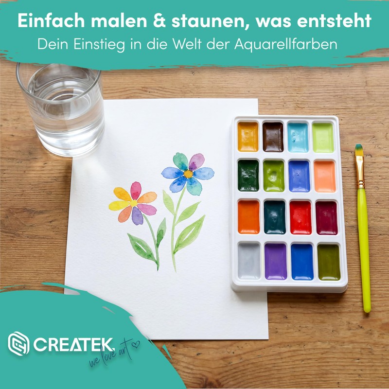 CreaTek Watercolour Paint Set 32 Highly Pigmented Watercolours Including Watercolour