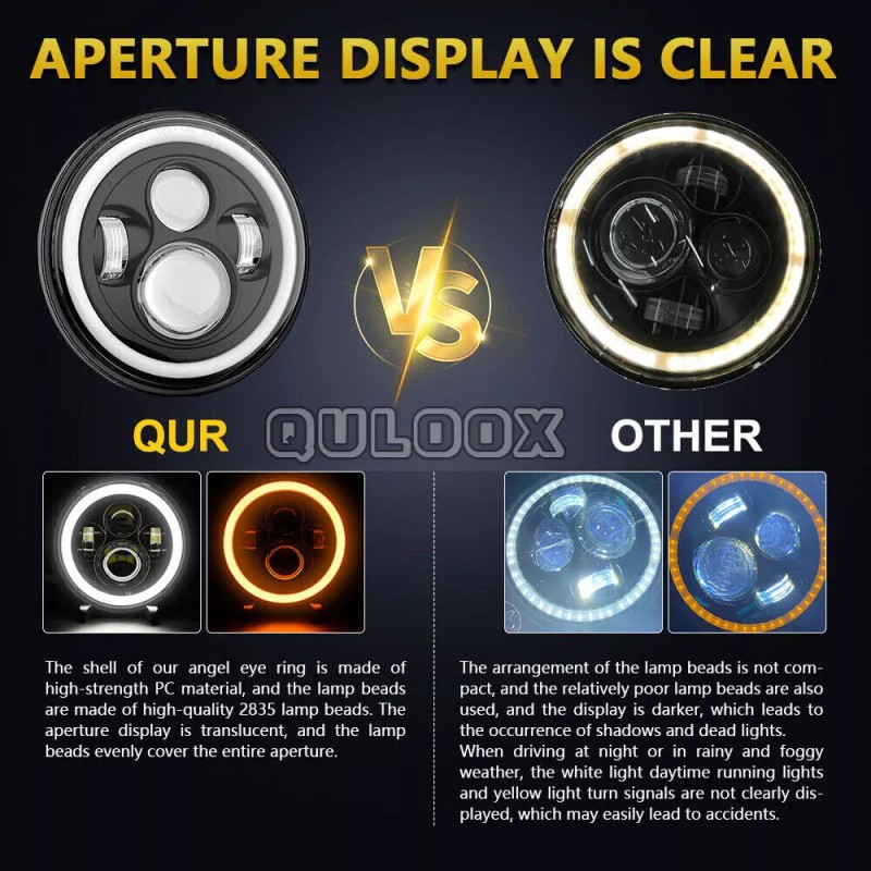 QULOOX Pair 7" Inch Round LED Headlights Hi/LO Sealed Beam