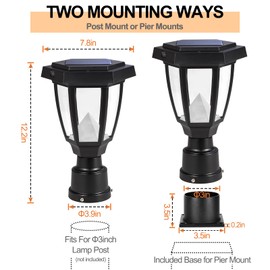 FUDESY Solar Lamp Post Light Outdoor, Waterproof LED Fence Post Lights Solar Powered with Pier Mount Base, Plastic Black Pole Light for Outside Garden Landscape Yard Pathway, 3000K Warm White