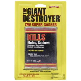 The Giant Destroyer (GAS KILLER) (12/4PK TOTAL) 48 kills Moles, Gophers, Woodchucks, Norway Rats, Skunks, Ground Squirrels in their Holes, Tunnels, Burrows. NO dealing w/ dead pest, better than traps