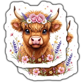2-Pack 5-Inch Cute Highland Cow Stickers - Floral Crown Cow Decals - Whimsical Animal Stickers for Laptops, Water Bottles, Car Windows, and Journals - CCSTICKER13289