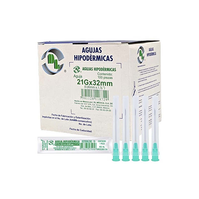 Caja 100 Agujas Hipodérmica Desechable Calibre 21G x 32 mm