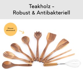 Hanseküche Wooden Kitchen Utensil Set, 5 Pieces, Barbecue Tongs, Whisk, Spatula, Wooden Spoon and Pasta Ladle (Modern, Elegant, 5, Teak)