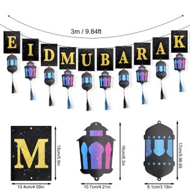 Eid Mubarak Banner, Eid Mubarak Backdrop Blue Purple Tassel Lantern Eid Mubarak Garland Party Supplies Eid Mubarak Party Favor Favours Ramadan Decorations for Home Door Wall Garden