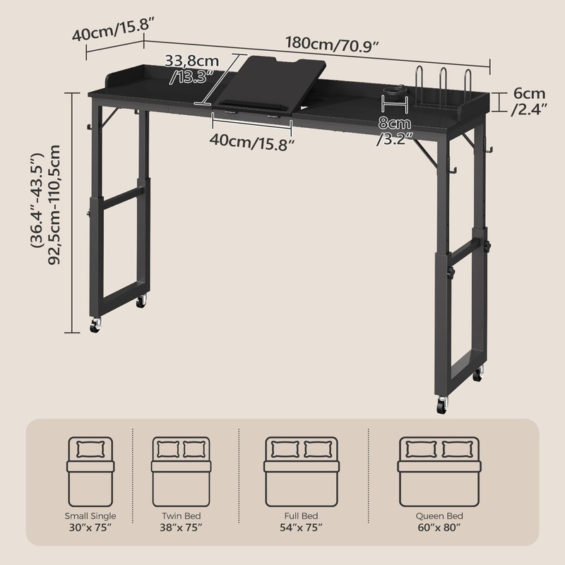 MAHANCRIS Overbed Table with Wheels, Queen Size Adjustable Rolling Desk