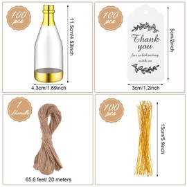 Gerrii 100 Pcs Metallic Mini Champagne Bottle Candy Container Shaped Jars Gold Plastic DIY Favor Candy Bottle Wedding Party Favor Containers with Gift Tags Gold Strings and 65.6ft Rope