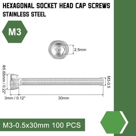 QUARKZMAN M3-0.5 x 30 Cylinder Screws with Hexagon Socket, Pack of 100, Cylinder Head Screws, Stainless Steel, 304 Full Thread, Hex Flat Head, Hex Head Screw Fasteners for Machines