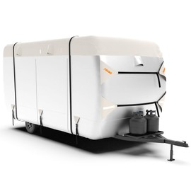 FRUNO Oxford Fabric Fiberglass Travel Trailer Cover Fits 10'-13' Waterproof Rip-Resistant Anti-UV Camper Cover for Winter Snow with 2 Tire Covers