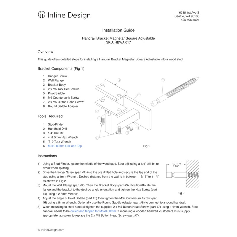 Inline Design - Stainless Steel Handrail Bracket Square for Flat/Curved